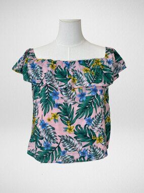 LUCCA Womens XL Pink Tropical Floral Off Shoulder Ruffle Top Rayon Cotton Blouse